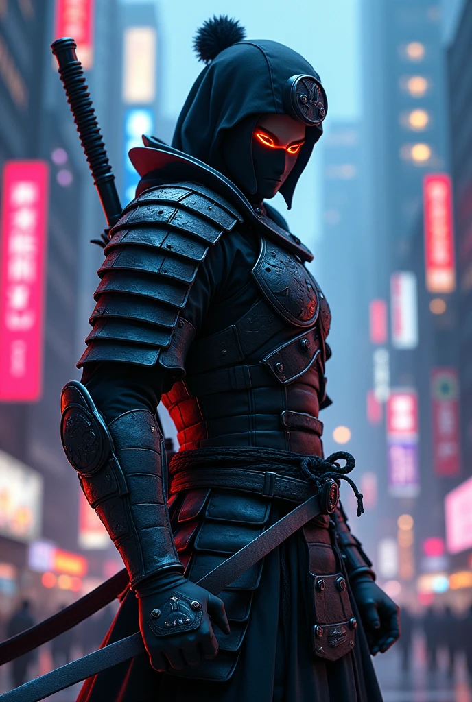 a samurai warrior in a disney animation world, detailed cyberpunk ninja outfit, intricate futuristic armor, dramatic action pose, glowing neon lights, dark urban cityscape, cinematic lighting, muted color palette, hyper detailed, 8k, photorealistic, concept art style