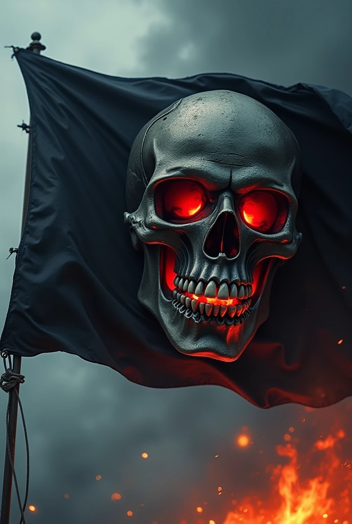 an all black flag, red details on the skull carving, pulling towards a black in the eyes and flaming mouth