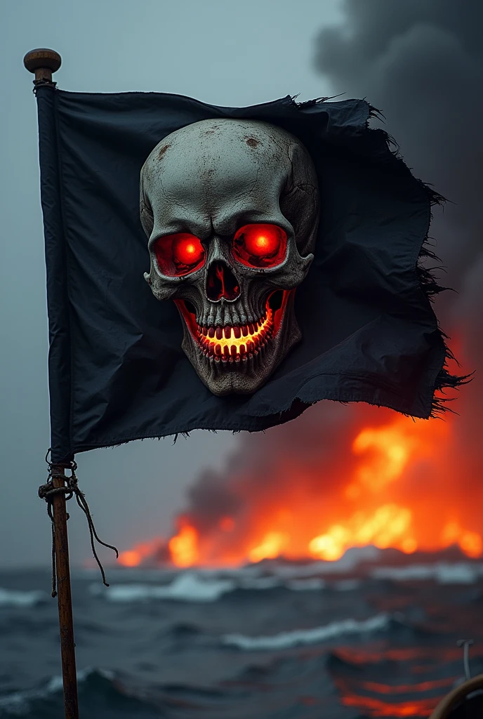 an all black flag, red details on the skull carving, pulling towards a black in the eyes and flaming mouth