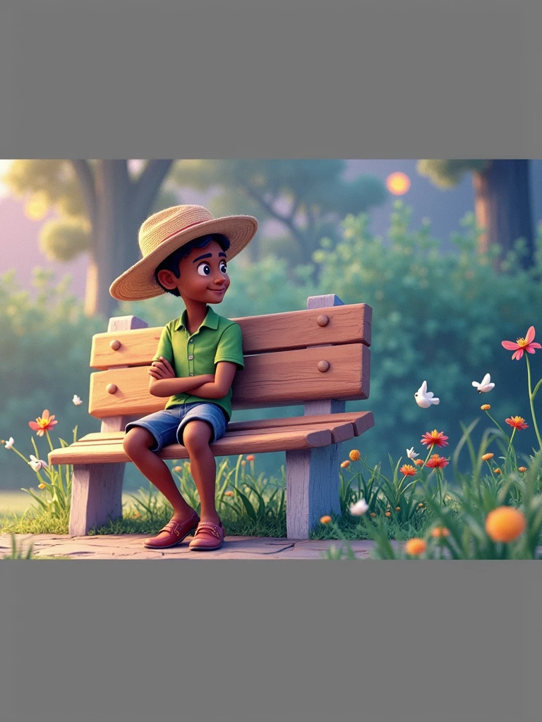 Cartoon character man with a green shirt and a straw hat sitting on a bench 3D, dark-skinned young man