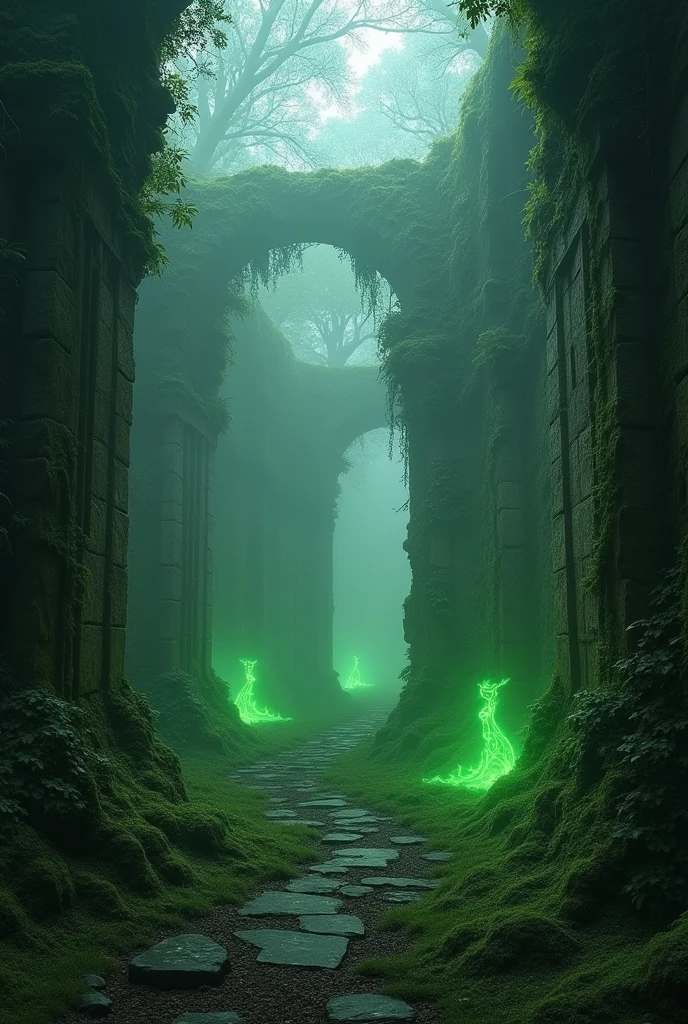 Ruins and mystery: "Ancient ruins in a misty forest, shadowy creatures, green lights, lovecraftian style"