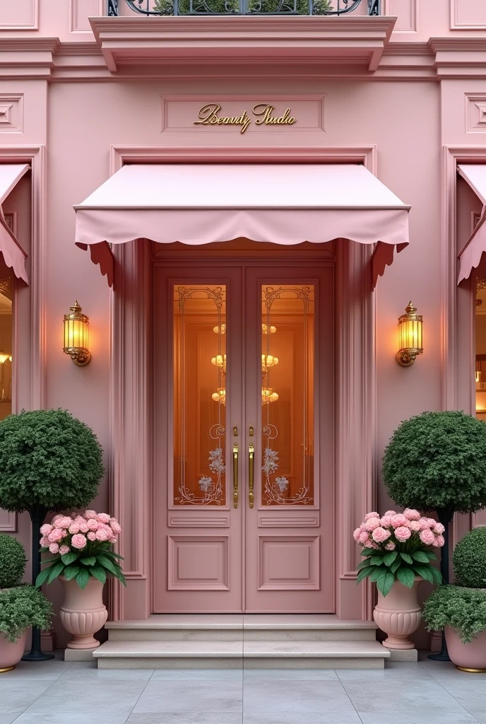 a beauty studio with hairdresser, manicure and eyelashes, pink tones and very elegant and large, Create the exterior entrance part