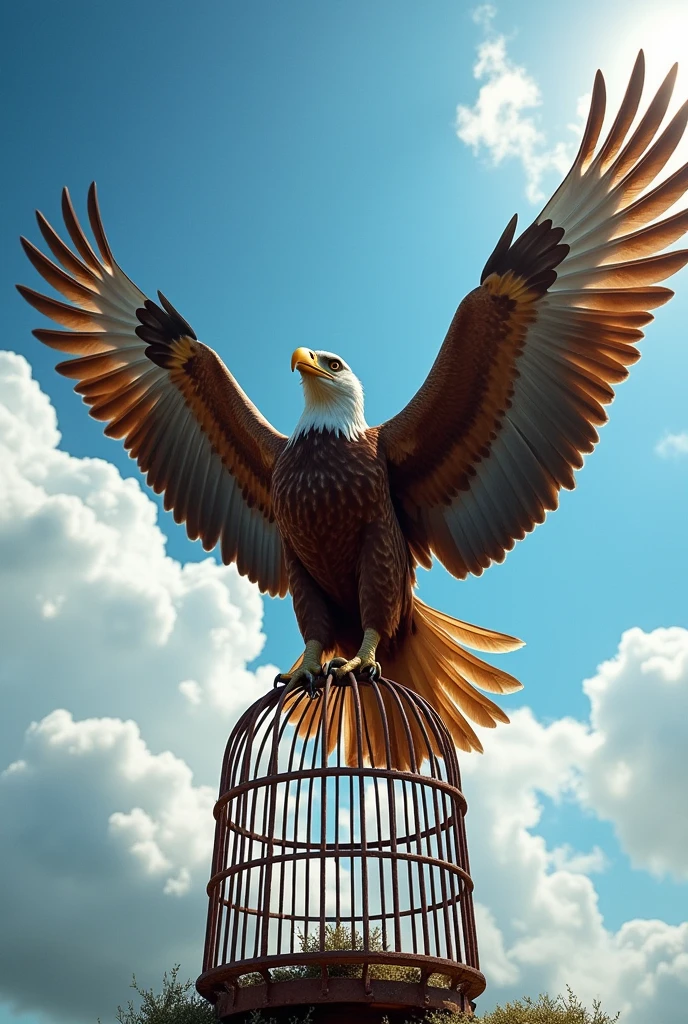 An eagle long trapped finally escaping from a cage and that eagle soaring into the sky