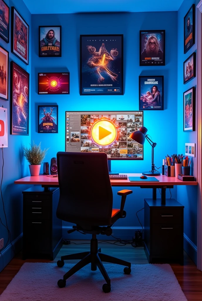 youtuber room , youtube goldern play button hanging on the back wall