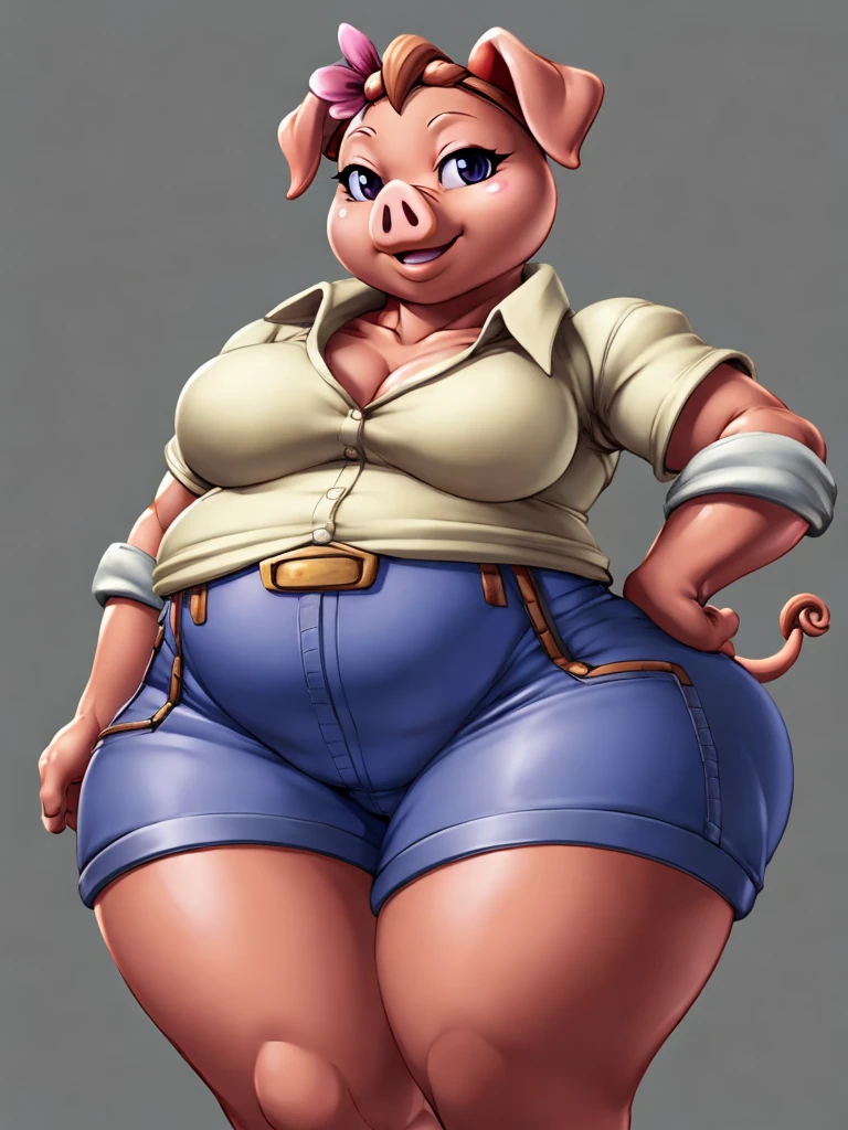 ((pig)), furry female anthro,pig girl,HD,sharp,beautiful and detailed,woman ((anthro)),1girl,Milf, mature woman,pink skin,fat girl,(look at viewer) ,(fat),by dr comet,by pochincoff, by jlullaby,by kingbang,by obui,by ZeroQrisu,by sparrow,by gmeen,farmer, farmer outfit,standing,((simple background)),(gray background,)