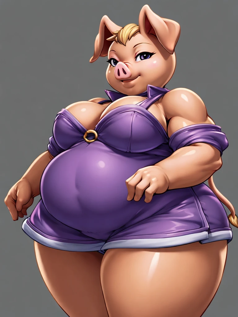 ((pig)), furry female anthro,pig girl,HD,sharp,beautiful and detailed,woman ((anthro)),1girl,Milf, mature woman,pink skin,fat girl,(look at viewer) ,(fat),by dr comet,by pochincoff, by jlullaby,by kingbang,by obui,by ZeroQrisu,by sparrow,by gmeen,farmer, farmer outfit,standing,((simple background)),(gray background,)