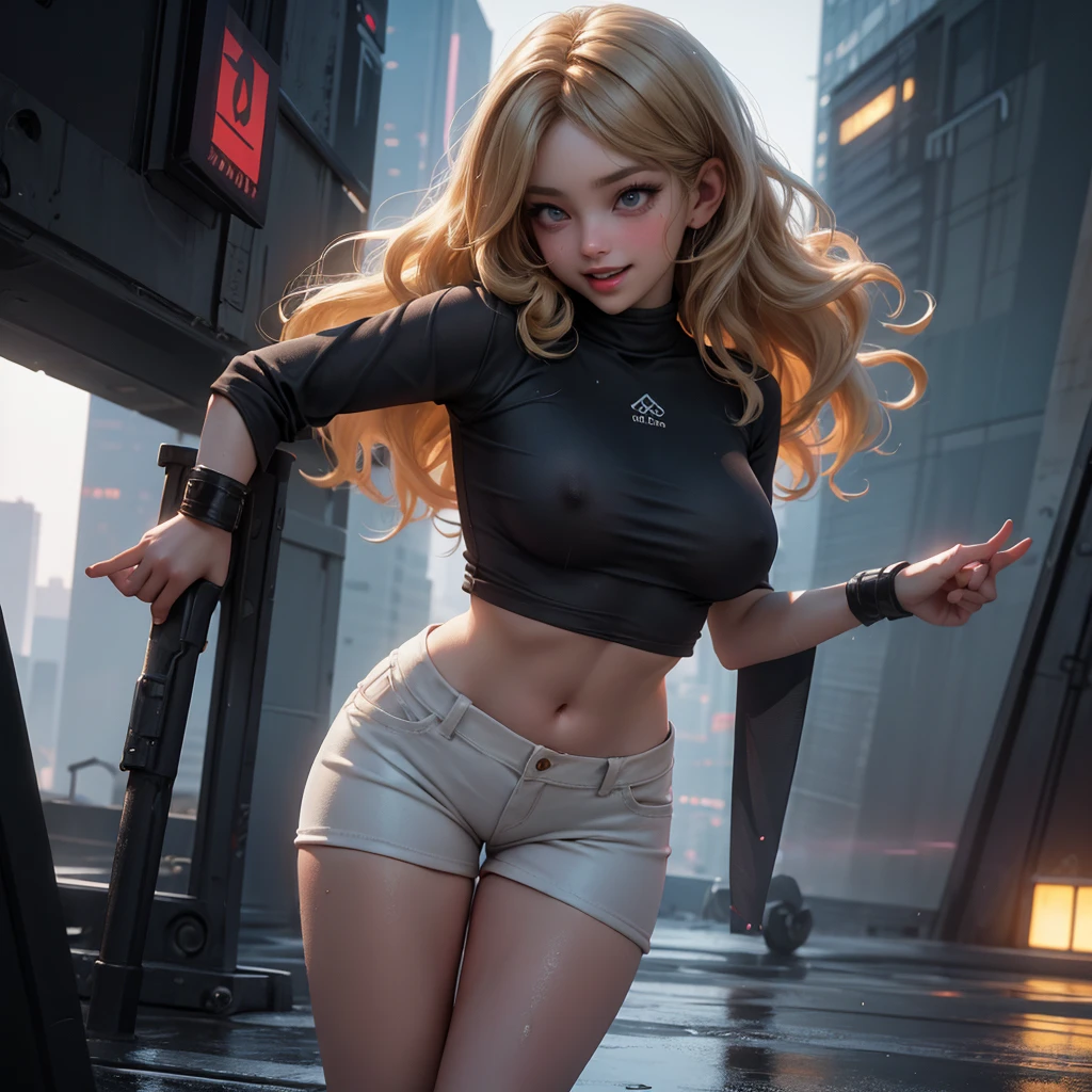 gorgeous 18 year old with wavy blond hair detailed alluring eyes d-cup breasts, Thigh gap long sexy legs wearing tiny shorts tshirt laughing in beautiful futuristic cyberpunk+ city, mist, wet, raining, best quality masterpiece, photorealistic, detailed, 8k, HDR, shallow depth of field, broad light, high contrast
