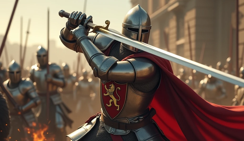 A highly realistic, high-contrast, 8K HD, detailed, hyper-detailed image of a medieval knight swinging his sword with powerful force, striking down an enemy on the battlefield. The knight, clad in steel armor with a lion emblem on his tunic and helmet fully covering his face, delivers a decisive blow, his sword cutting through the air with precision. The scene captures the intensity of the moment, as the enemy falls before the knight's skill and strength. The atmosphere is charged with the energy of battle, with the surrounding environment reflecting the chaos and struggle of combat. The image is of the highest quality, with ultra-high resolution, RAW photo quality, and Unreal Engine rendering, showcasing the knight's prowess and determination as he triumphs over his foe, with the lion emblem standing out proudly on his armor.
