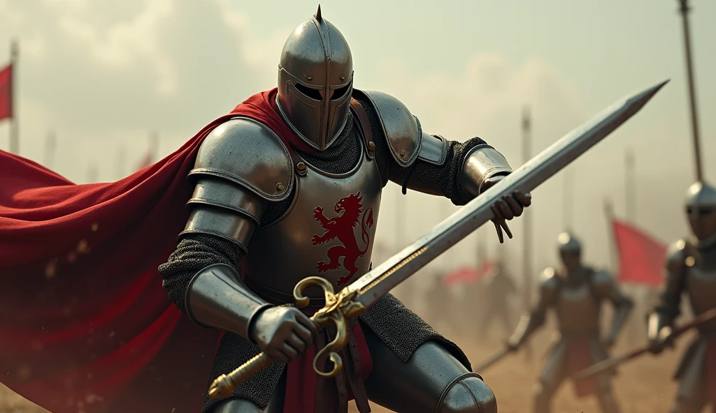 A highly realistic, high-contrast, 8K HD, detailed, hyper-detailed image of a medieval knight swinging his sword with powerful force, striking down an enemy on the battlefield. The knight, clad in steel armor with a lion emblem on his tunic and helmet fully covering his face, delivers a decisive blow, his sword cutting through the air with precision. The scene captures the intensity of the moment, as the enemy falls before the knight's skill and strength. The atmosphere is charged with the energy of battle, with the surrounding environment reflecting the chaos and struggle of combat. The image is of the highest quality, with ultra-high resolution, RAW photo quality, and Unreal Engine rendering, showcasing the knight's prowess and determination as he triumphs over his foe, with the lion emblem standing out proudly on his armor.