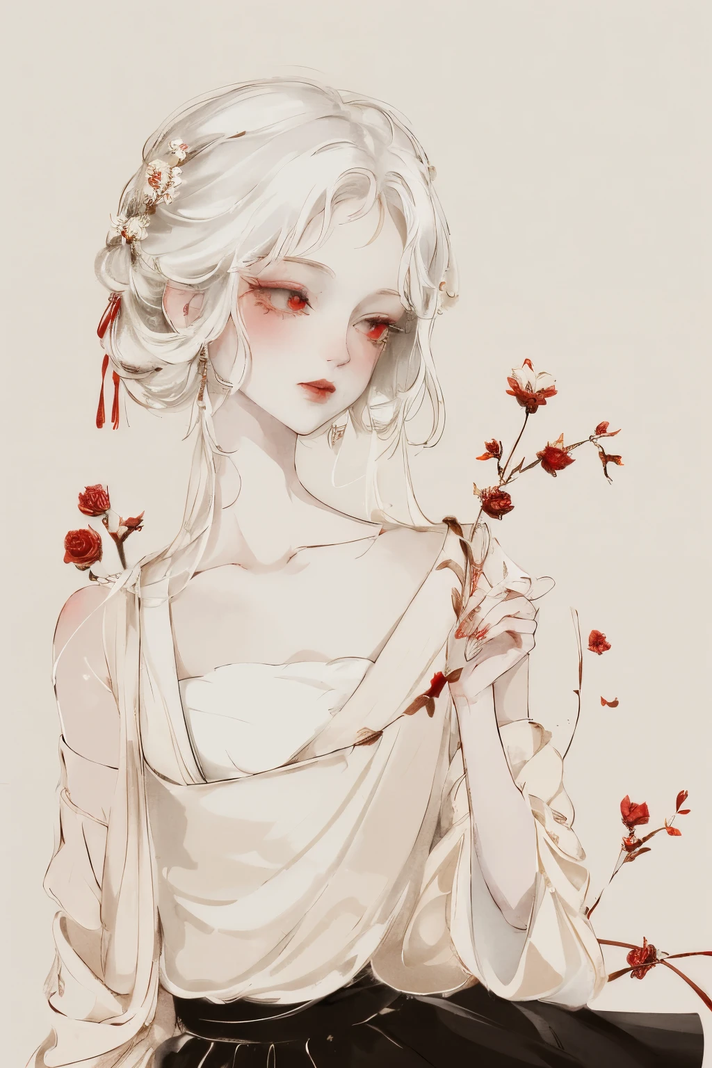 (best quality, masterpiece), (1 girl, solitary, Black skirt, Everlasting , Looking at the audience, White hair, Red Eyes, Holding roses, Residence, Upper Body), Butterfly
