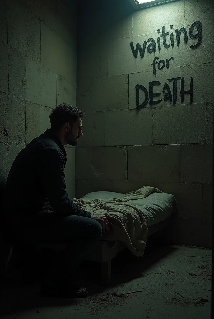 A man is very scared in a secret prison that is very small. There is nothing around. There is only a bed and the writing on the wall is waiting for death.The man is very scared