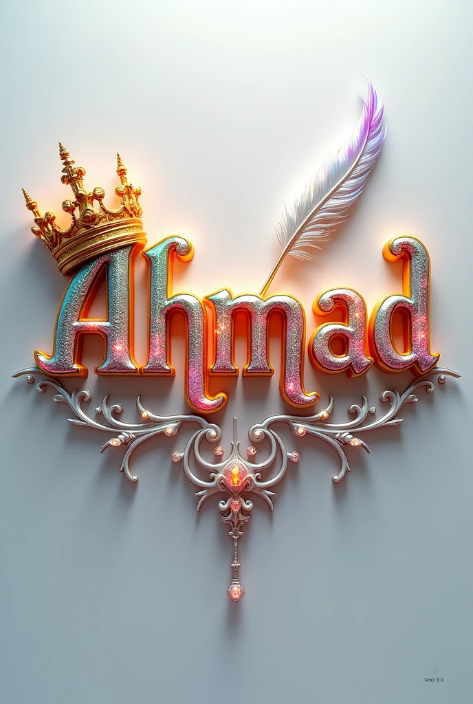 A mesmerizing 3D digital art masterpiece that captivates the viewer with its intricate design. The name Ahmad,, is prominently displayed in a striking font, adorned with a luxurious golden crown. A flowing feather gracefully follows behind, adding to the design's visual appeal. The name glows in vibrant colors such as gold, red, deep blue, pink, green, and purple, enhancing its breathtaking beauty. Warm silver lighting illuminates the design, creating depth and dimension, and delicate diamonds are strategically placed for added glamour. The pristine white background highlights the name, transforming the design into a truly fascinating piece. With its cinematicposter-like quality, this extraordinary work of art masterfully blends elements of dark fantasy, and 3D rendering, typography, and 3D rendering., architecture, typography