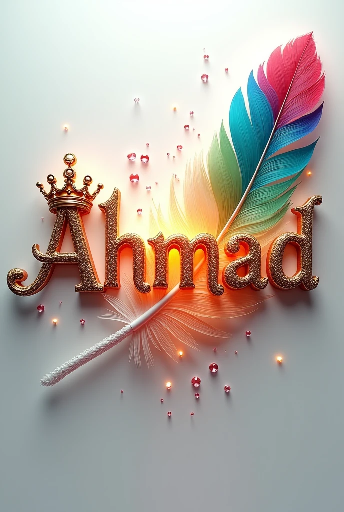 A mesmerizing 3D digital art masterpiece that captivates the viewer with its intricate design. The name Ahmad,, is prominently displayed in a striking font, adorned with a luxurious golden crown. A flowing feather gracefully follows behind, adding to the design's visual appeal. The name glows in vibrant colors such as gold, red, deep blue, pink, green, and purple, enhancing its breathtaking beauty. Warm silver lighting illuminates the design, creating depth and dimension, and delicate diamonds are strategically placed for added glamour. The pristine white background highlights the name, transforming the design into a truly fascinating piece. With its cinematicposter-like quality, this extraordinary work of art masterfully blends elements of dark fantasy, and 3D rendering, typography, and 3D rendering., architecture, typography