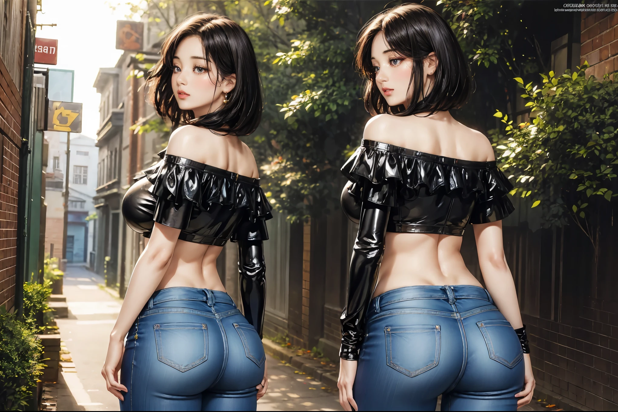 2 slim woman with big breasts wearing a very tight pvc off-shoulder wonderbra, pvc black jeans, standing in an alley, (best quality, 4k, 8k, high resolution, masterpiece: 1.2), ultra detailed, (realistic, photorealistic, photo-realistic: 1.37), vivid colors, beautiful detailed eyes, beautiful detailed lips, extremely detailed eyes and face, long eyelashes, long bob cut hair, portrait. beautiful rear butt view