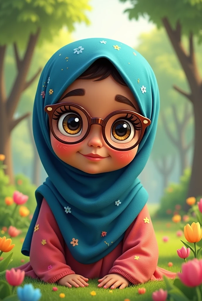 Make a cartoon picture of a brown hijabi girl with glasses in a frame of 640×360