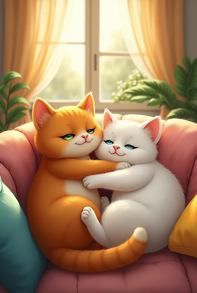 I'm in orange cat and a white cat snuggling