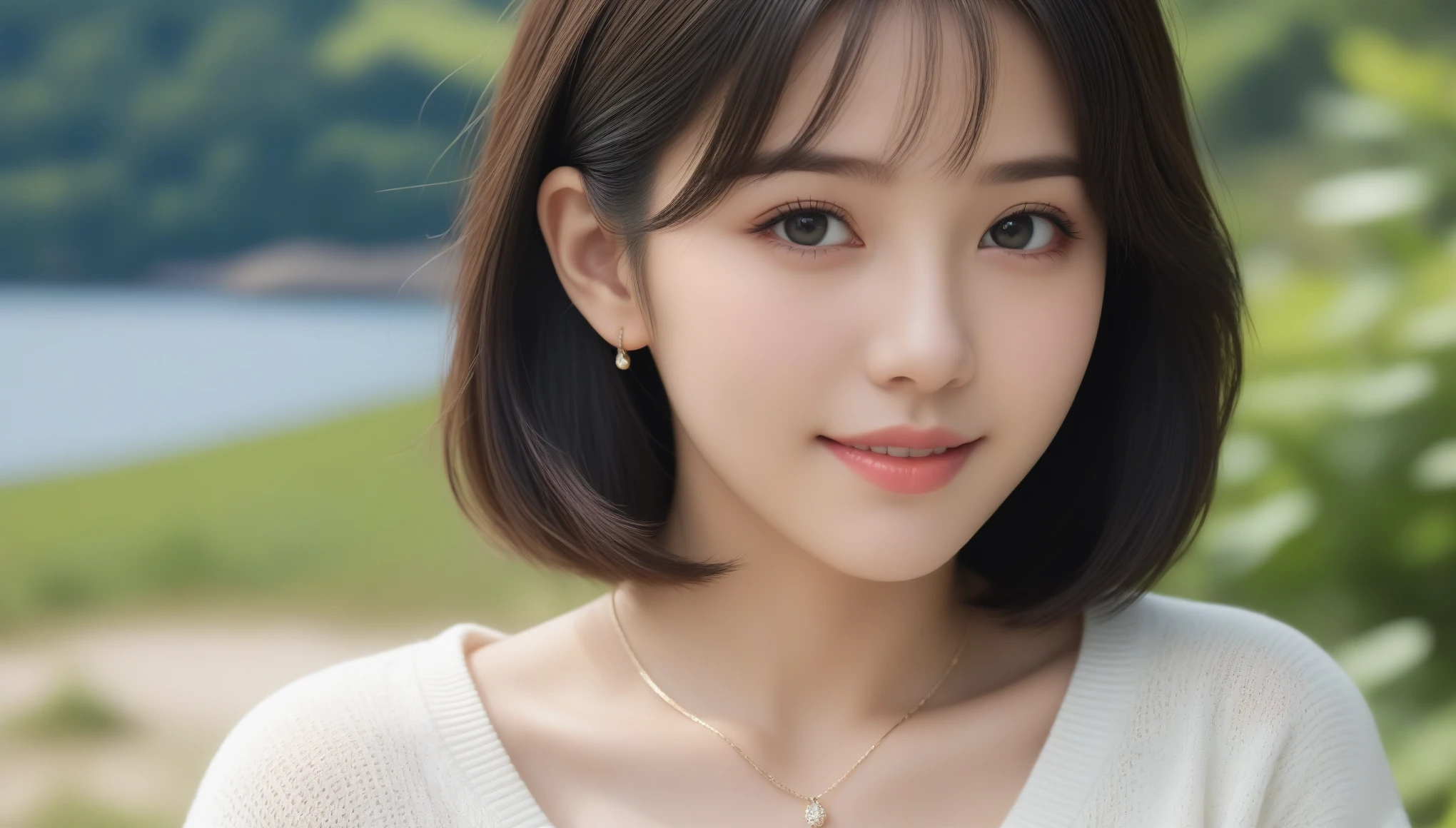 8k, Ultra-high resolution, Highest quality, masterpiece, 三分割法によるphotograph,Surreal, photograph, 1 Girl, (:1.3), pretty girl, Cute Face, 細部までBeautiful Eyes, 細かくdetailedに,masterpiece,One Girl:1.2,Japanese women,Young Wife,upper body,smile,Black hair,Wavy bob,(White summer knitwear:1.3),necklace,wood々Inside,Lakeside,Summer sunshine,wood漏れ日,(Beautiful attention to detail),Subtle details, detailedな顔, smile,attractive,(のポートレートphotograph:1.4),(Photorealistic images:1.4),Fantasy art,(Beautiful Face:1.4),美しくattractive目、Beautiful Eyes、(Tight waist:1.4)、(Beautiful with perfect body proportions:1.4),Pink Lips,Looking at the audience,(((Ideal body type))),A-cup small breasts :2,、Portraiture:2、Perfect Anatomy、鮮明なdetailed、detailed,Fashion magazine cover,Thin lips,完璧でBeautiful Face ,完璧でCute Face, Skin with attention to detail, Perfect limbs、Narrow waist,Surreal,Light and shadow,dappled sunlight