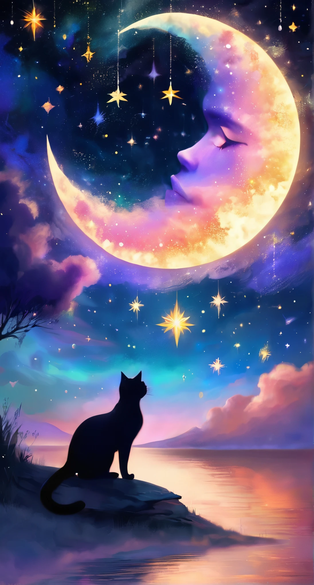 Create a vivid, dreamlike scene featuring a black cat walking gracefully on a crescent moon. The crescent moon is adorned with soft, pastel-colored clouds and is set against a backdrop of a starry night sky. Include vibrant galaxies and nebulas in the sky, along with various glowing stars of different colors. The horizon should display a gradient of colors transitioning from a warm sunset orange to a deep twilight blue. The overall atmosphere should be whimsical and enchanting, with a magical, otherworldly feel.ファンタジー