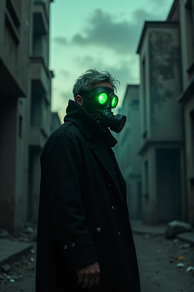 A man wearing a gas mask with glowing green lenses, With a black overcoat and black t-shirt, with gray hair, with a gray aura