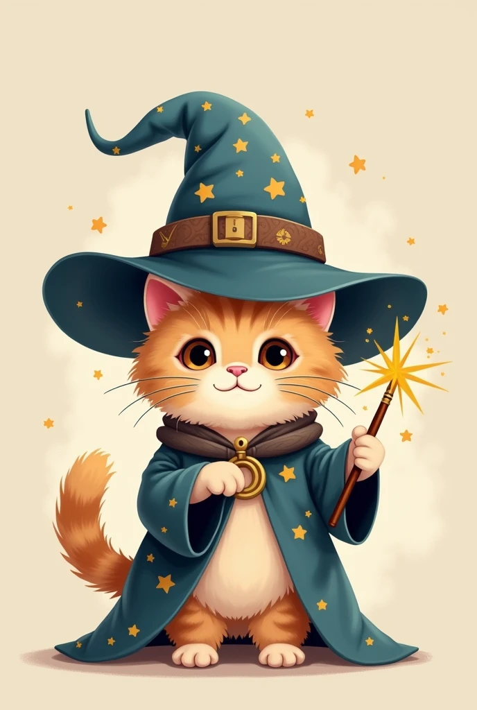 A cute bipedal Scottish Fold in the style of a chibi character,The majority of the background is a single color, The Scottish Fold is wearing a slightly oversized wizard's hat, Wearing a magician's robe, Has a wizard's wand, A design that evokes a sense of familiarity and trustworthiness,Facing forward