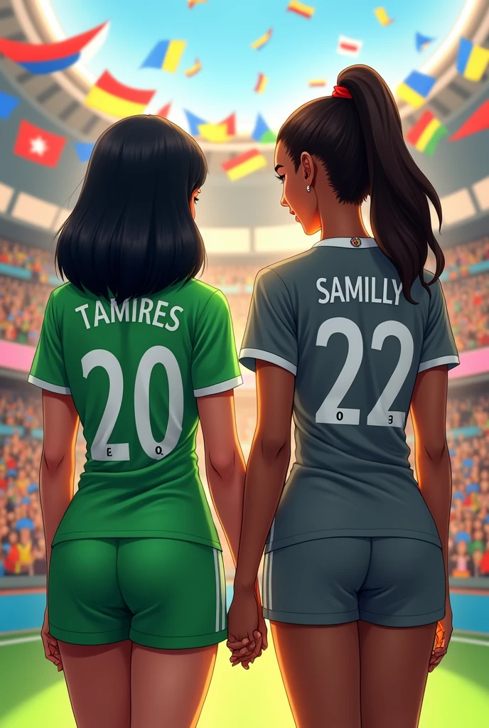 Illustration of two women holding hands with their backs to the image wearing football team jerseys. one with white skin,Bblack hair, smooth and shorter a little below the shoulder, and with the green shirt with number 20 on the back written TAMIRES. And the other with brown skin, straight and long hair, a little taller and wearing a gray shirt with the number 22 with SAMILLY written on it