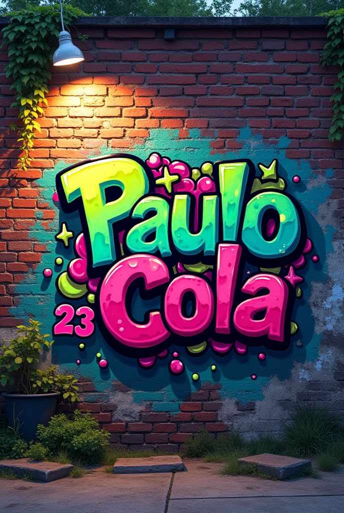 Create an image of the name “Paulo Cola” and the number "23", drawn on a wall. Graffiti style. Fluorescent colors.