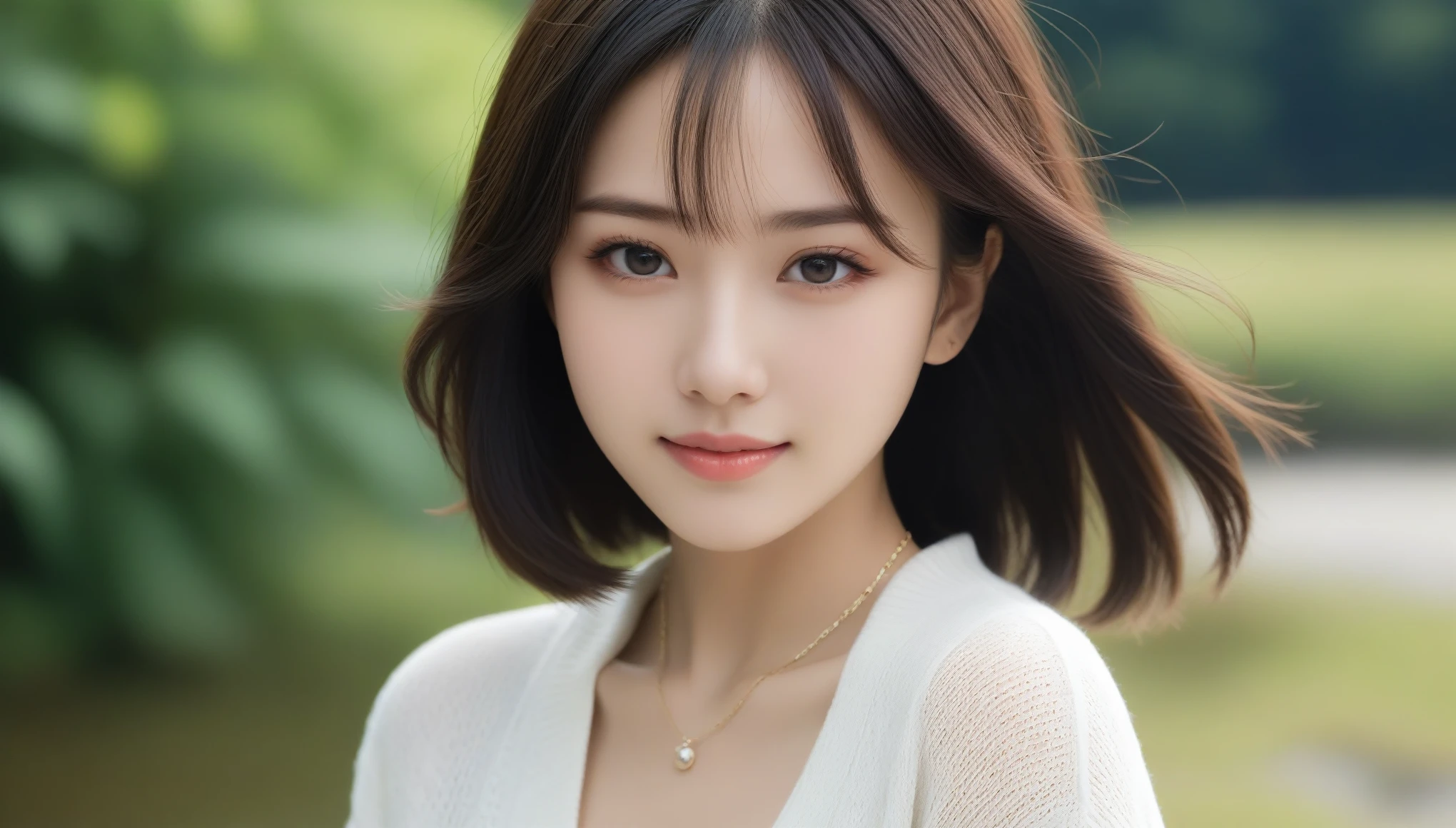 8k, Ultra-high resolution, Highest quality, masterpiece, 三分割法によるphotograph,Surreal, photograph, 1 Girl, (:1.3), pretty girl, Cute Face, 細部までBeautiful Eyes, 細かくdetailedに,masterpiece,One Girl:1.2,Japanese women,Young Wife,upper body,smile,Black hair,Wavy bob,(White summer knitwear:1.3),necklace,wood々Inside,Lakeside,Summer sunshine,wood漏れ日,(Beautiful attention to detail),Subtle details, detailedな顔, smile,attractive,(のポートレートphotograph:1.4),(Photorealistic images:1.4),Fantasy art,(Beautiful Face:1.4),美しくattractive目、Beautiful Eyes、(Tight waist:1.4)、(Beautiful with perfect body proportions:1.4),Pink Lips,Looking at the audience,(((Ideal body type))),A-cup small breasts :2,、Portraiture:2、Perfect Anatomy、鮮明なdetailed、detailed,Fashion magazine cover,Thin lips,完璧でBeautiful Face ,完璧でCute Face, Skin with attention to detail, Perfect limbs、Narrow waist,Surreal,Light and shadow,dappled sunlight