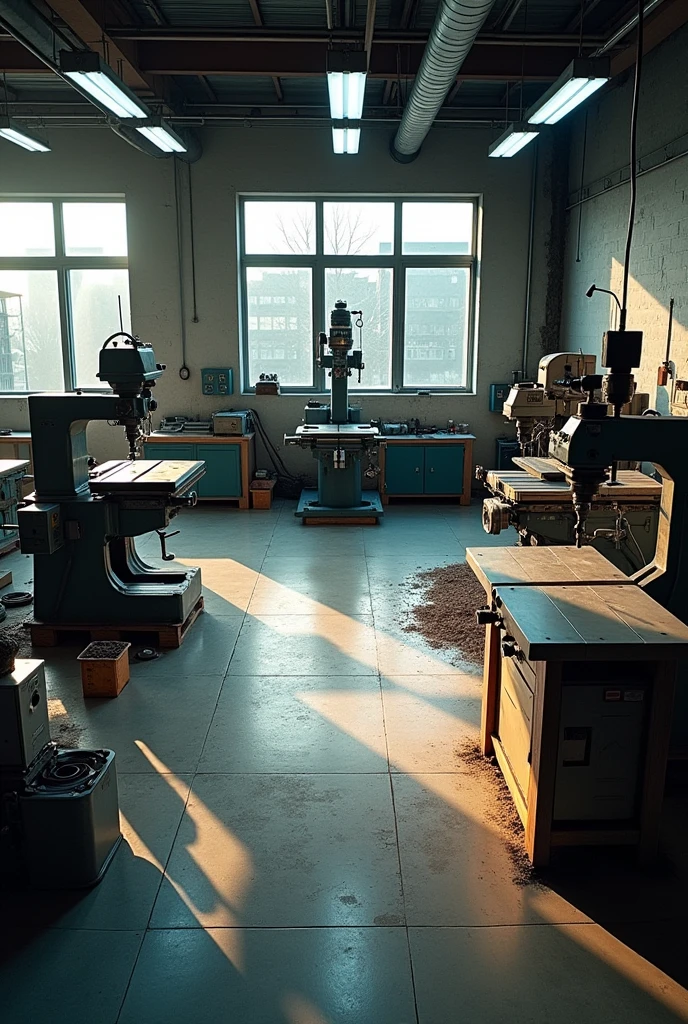 a photograph isometric view image of a machine shop with drill press, lathe, milling machine, and table saw. Concrete floor.
