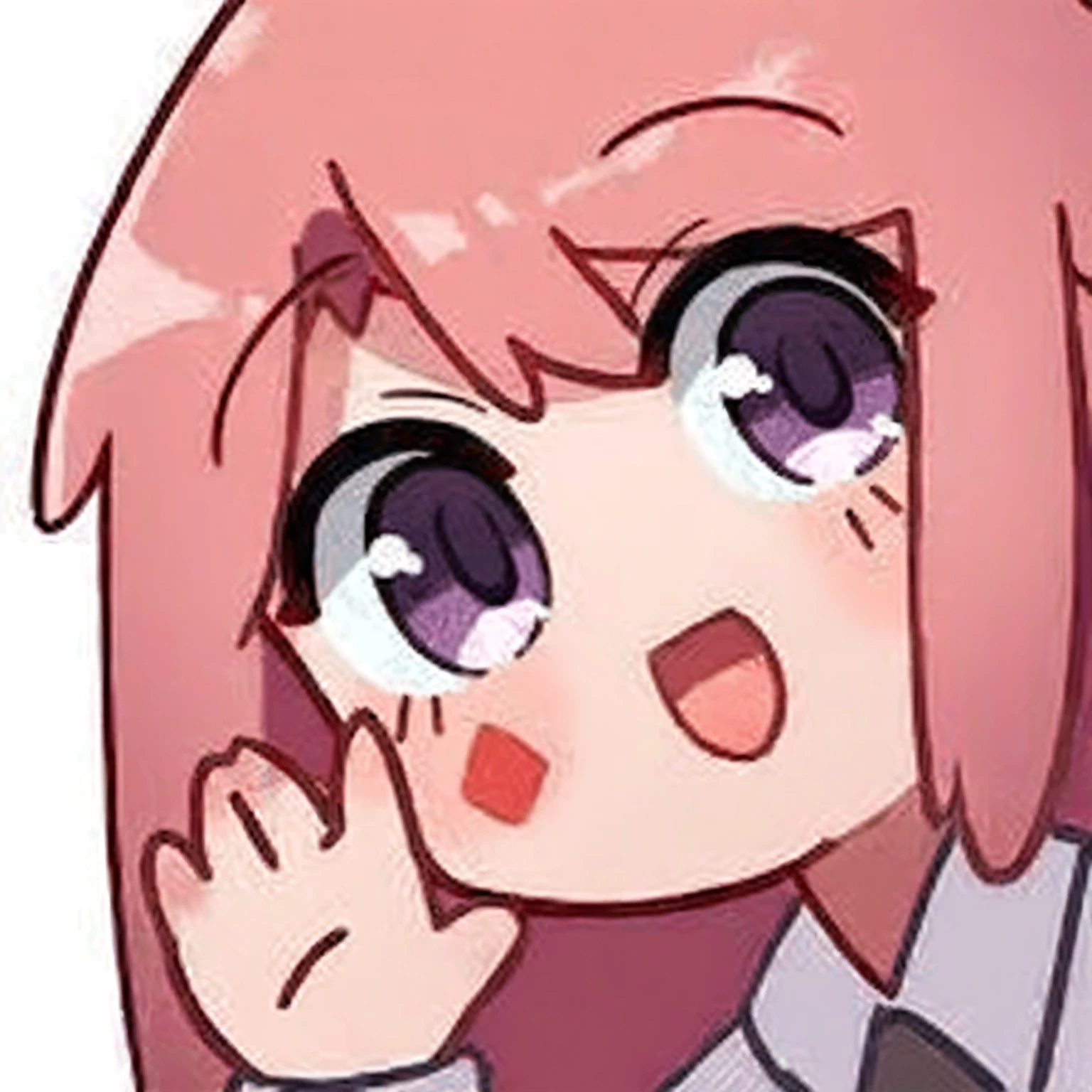 An anime girl with pink hair, purple eyes, and a striped shirt, She has a cute and expressive face, Cute anime face, she has a cute face, very cute anime girl face, Anime girl with teal hair in, ahegao face, cute natural anime face, Cute anime style, cute expression, ddlc, in animation style, misfortune, Perfect animated face, Punch-able expressions