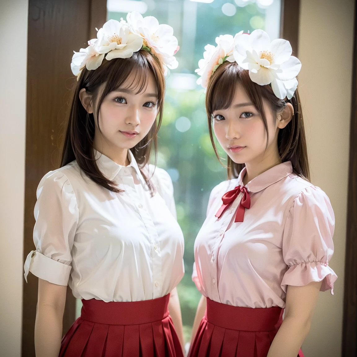 Identical twin sisters exhibition, Medium Shot, Written boundary depth, bust, Upper Body, Movie angle, masterpiece, Highest quality, Very detailed, CG, 8k wallpaper, Beautiful Face, Delicate eyes, Otome, alone, smile, bangs, skirt, shirt, have, Crimson Dress, bow, petal, bouquet