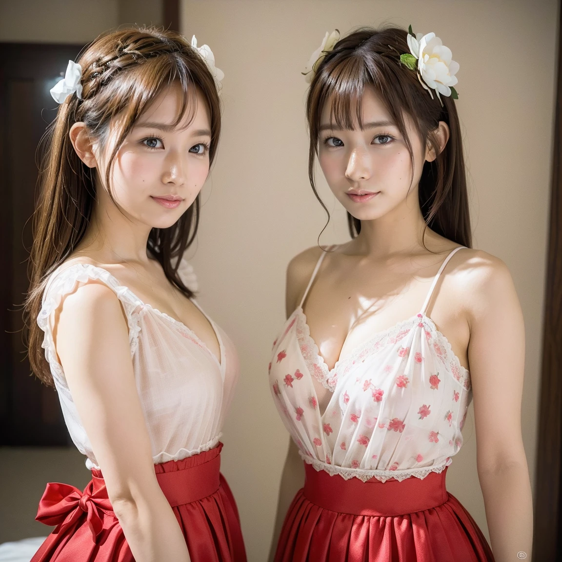 Identical twin sisters exhibition, Medium Shot, Written boundary depth, bust, Upper Body, Movie angle, masterpiece, Highest quality, Very detailed, CG, 8k wallpaper, Beautiful Face, Delicate eyes, Otome, alone, smile, bangs, skirt, shirt, have, Crimson Dress, bow, petal, bouquet