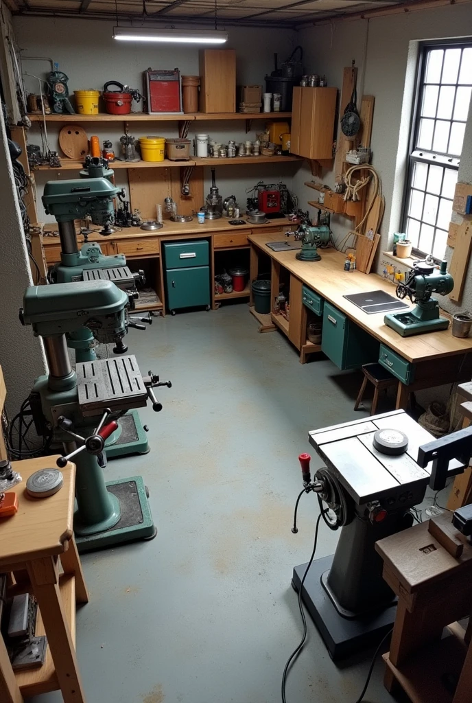 a photograph isometric view image of a machine shop with drill press, lathe, milling machine, and table saw. Concrete floor.