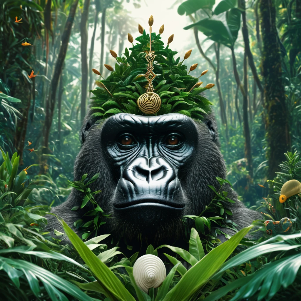 Album cover, a forest with a gorilla totem and birds, plants, trident, Buzios, cowrie sea shells, afrofuturism, african symbols, orisha aesthetic, Awarded several times, High details, high qualiy, ultra HD, Depth of field, film grain