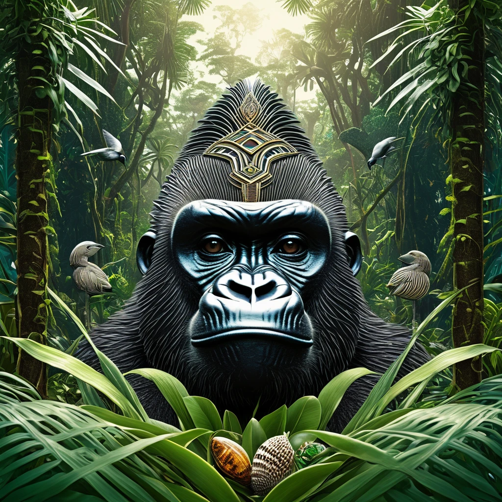 Deep in the steamy jungle, a massive gorilla sits peacefully in a clearing. His dark fur shines in a ray of sunlight slicing between the tall trees. Plants with wide waxy leaves brush against him as he contentedly munches a banana. Finishing his snack, the gorilla reaches next to him and grabs a colorful lamp shade. He holds it up with his large hands, turning it this way and that. The gorilla seems transfixed by the bright patterns and silky fringes along the lampshade's edges. He runs his fingers along the smooth fabric, then places the shade on top of his head. It sinks down to his furry brow, the fringes hanging down comically over his eyes. The lampshade lends a touch of whimsy to the dignified primate. Nearby birds chirp and sing, unfazed by the gorilla's antics. He sits a while longer beneath the trees, proud of his new hat. When the sunlight fades, he sets the lampshade aside, ready to resume his reign over the jungle domain.