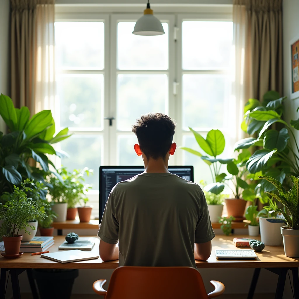 A young Indonesian man is working online in an aesthetic workspace., facing backwards, the laptop screen is visible