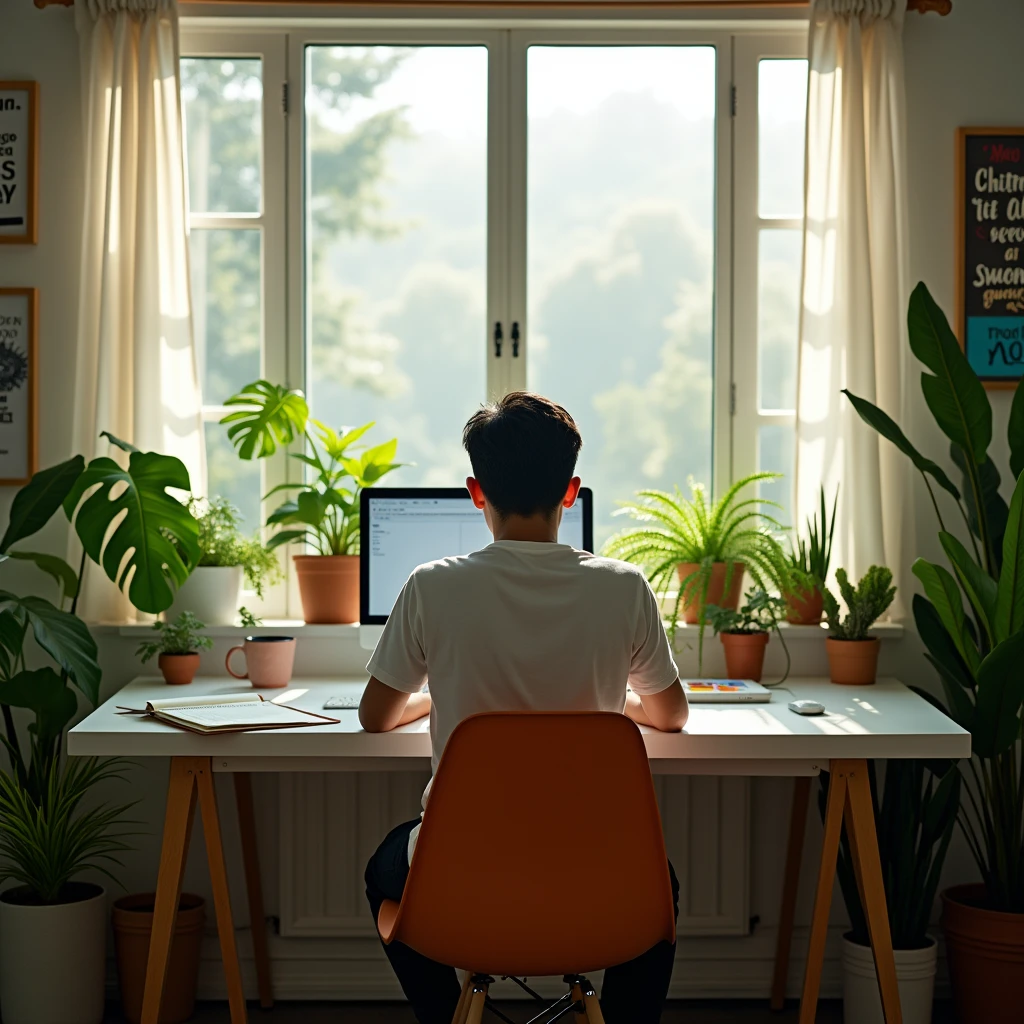 A young Indonesian man is working online in an aesthetic workspace., facing backwards, the laptop screen is visible