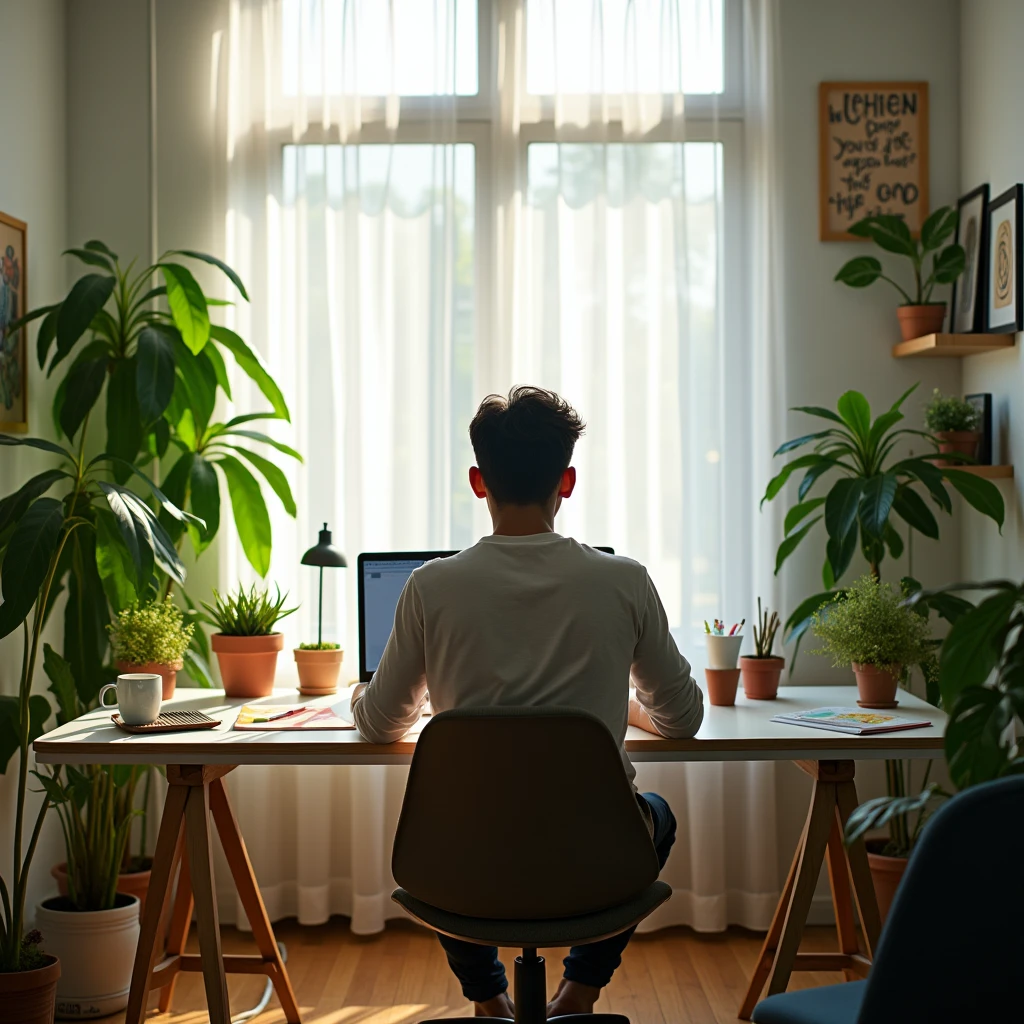 A young Indonesian man is working online in an aesthetic workspace., facing backwards, the laptop screen is visible