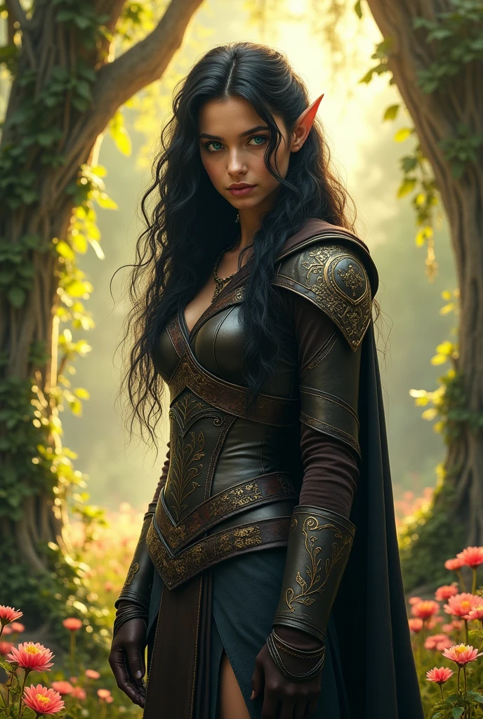 Create image of: a young female, black wavy hair, blue eyes with leather armor, elf, pointy ears