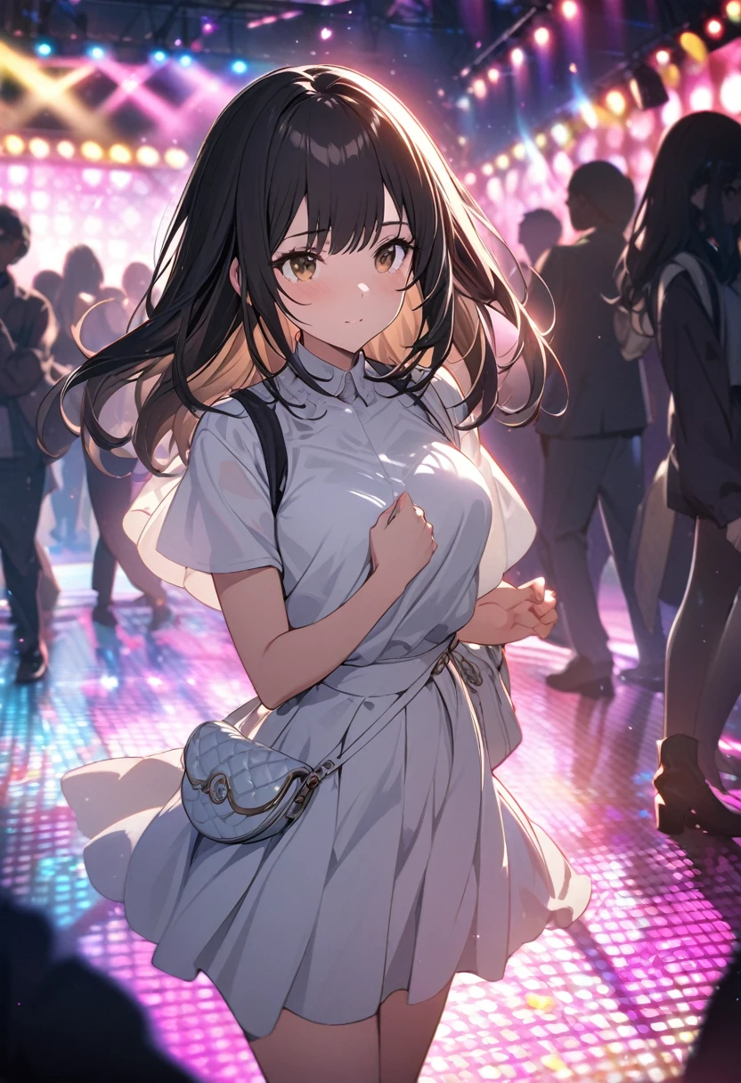 Masterpiece, best quality, extremely detailed 8k unity CG wallpaper. very cool illustration. It looks like her face is under the disco lights. She is wearing a white top, a white skirt. Provocative brown eyes, long black hair, straight hair, white bag. Dancing sensually under the neon lights. Surrounded by people. The background is a disco lights and shadows. Light from spotlights. Out of focus reflections, dreamy atmosphere, glowing circles, fascinating depth, depth of field.