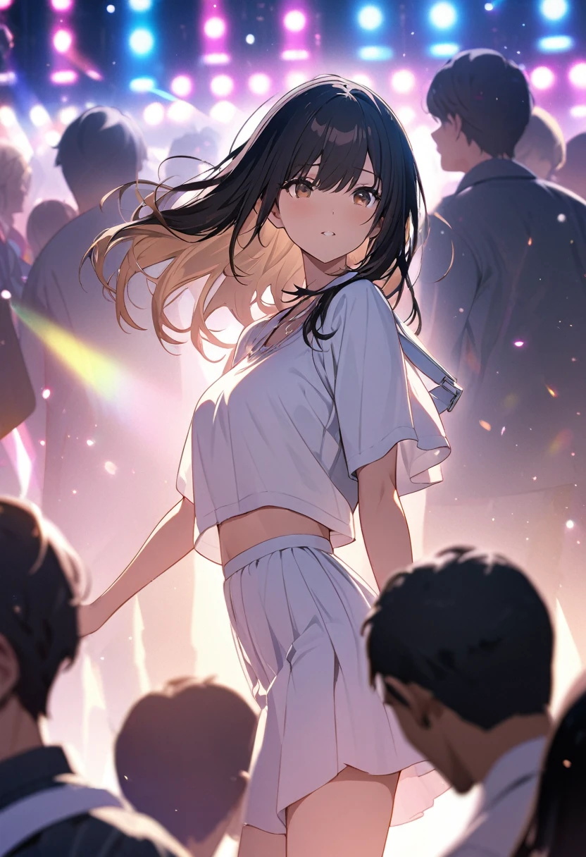 Masterpiece, best quality, extremely detailed 8k unity CG wallpaper. very cool illustration. It looks like her face is under the disco lights. She is wearing a white top, a white skirt. Provocative brown eyes, long black hair, straight hair, white bag. Dancing sensually under the neon lights. Surrounded by people. The background is a disco lights and shadows. Light from spotlights. Out of focus reflections, dreamy atmosphere, glowing circles, fascinating depth, depth of field.
