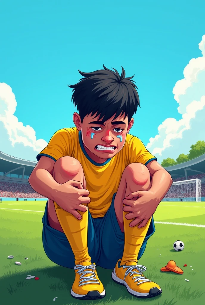 Make an 18 year old, with short black hair who was playing soccer but had to be taken off the field because he hurt his knee. He's holding his knee with one hand and putting the other hand on his face because of the pain. He is crying. Do it in cartoon.