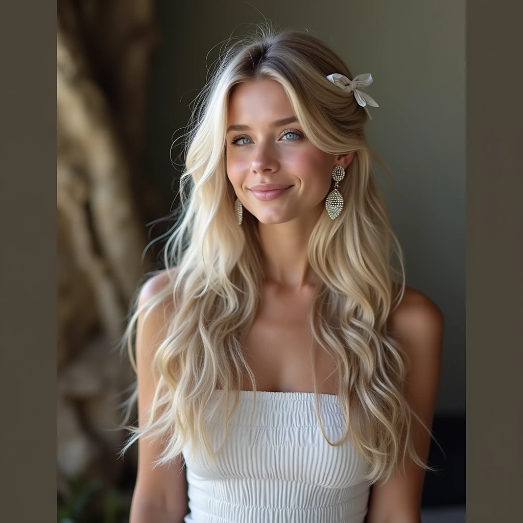A young woman with long dark hair looking at the horizon on the beach with the sun visible in the distance. 1 girl, Alone, Long hair, High resolution, Breasts, Smile, Blue eyes, Masterpiece, 1 girl, Alone, Long hair, High resolution, Breasts, Blushing, Smile, High resolution, Accurate, Anatomically correct, Top quality, Award winning, Long hair, Brown hair, Very long hair, Ponytail, Breasts, Large breasts, Earrings, Close up, Focal length 35mm, Aperture F1.2, Hair ornament, Ribbon, Depth of field, Backlight,