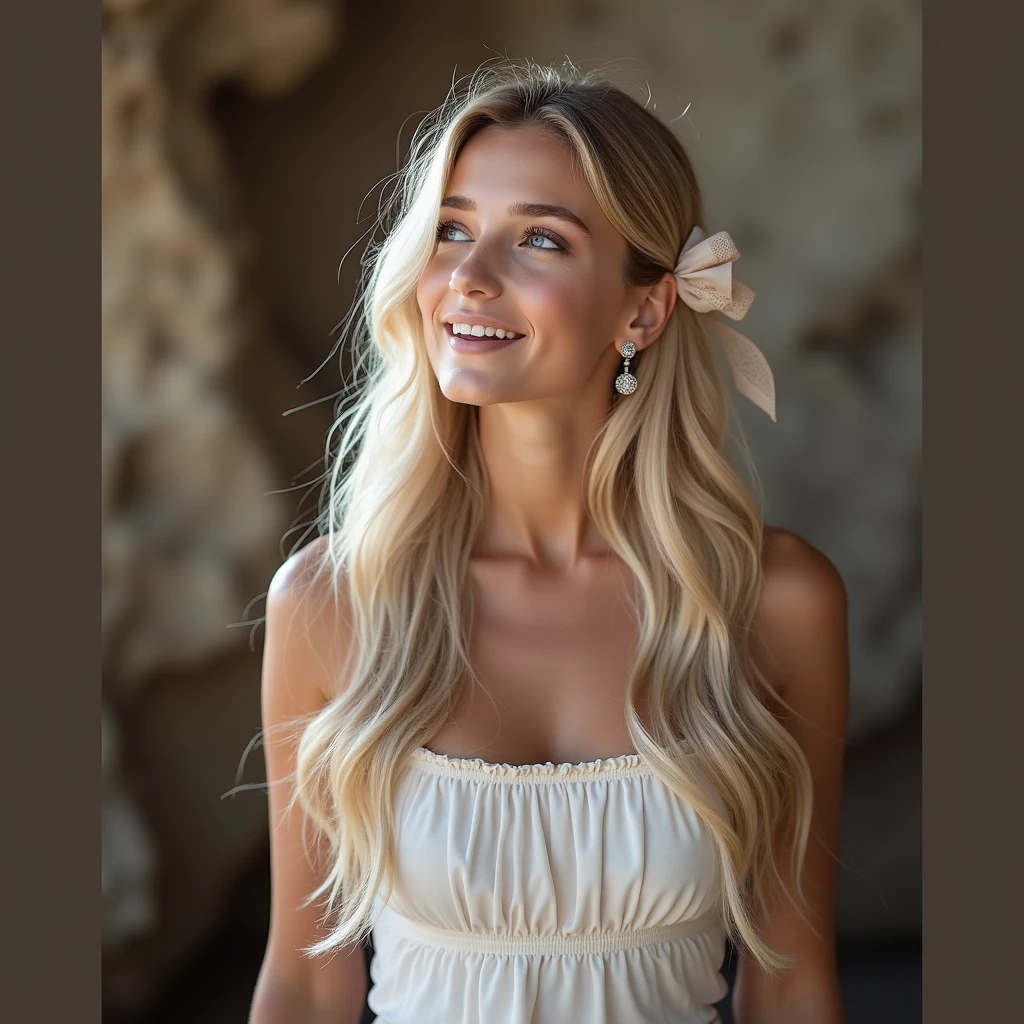 A young woman with long dark hair looking at the horizon on the beach with the sun visible in the distance. 1 girl, Alone, Long hair, High resolution, Breasts, Smile, Blue eyes, Masterpiece, 1 girl, Alone, Long hair, High resolution, Breasts, Blushing, Smile, High resolution, Accurate, Anatomically correct, Top quality, Award winning, Long hair, Brown hair, Very long hair, Ponytail, Breasts, Large breasts, Earrings, Close up, Focal length 35mm, Aperture F1.2, Hair ornament, Ribbon, Depth of field, Backlight,