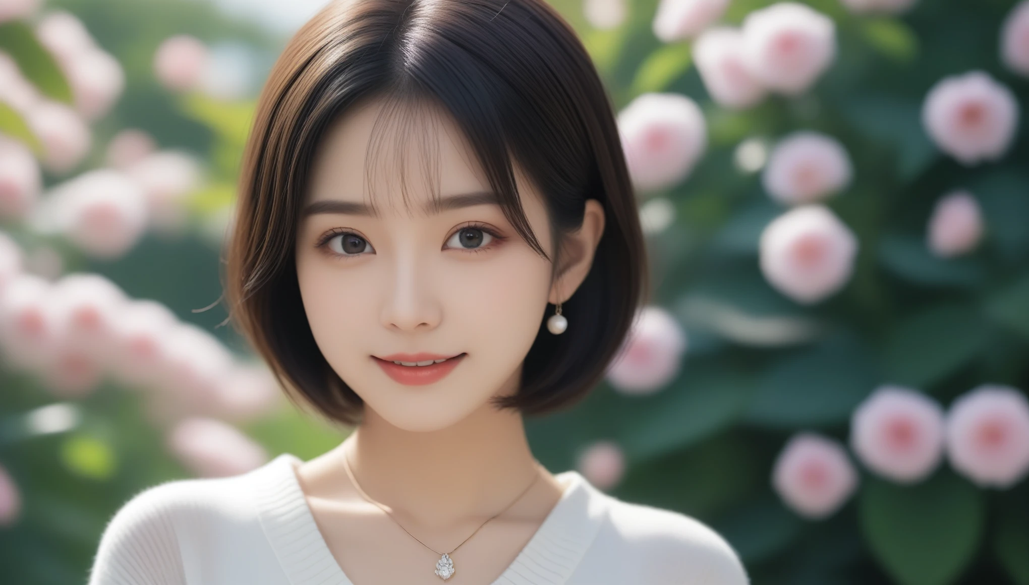 8k, Ultra-high resolution, Highest quality, masterpiece, 三分割法によるphotograph,Surreal, photograph, 1 Girl, (:1.3), pretty girl, Cute Face, 細部までBeautiful Eyes, 細かくdetailedに,masterpiece,One Girl:1.2,Japanese women,Young Wife,upper body,smile,Black hair,Wavy bob,(White summer knitwear:1.3),necklace,wood々Inside,Lakeside,Summer sunshine,wood漏れ日,(Beautiful attention to detail),Subtle details, detailedな顔, smile,attractive,(のポートレートphotograph:1.4),(Photorealistic images:1.4),Fantasy art,(Beautiful Face:1.4),美しくattractive目、Beautiful Eyes、(Tight waist:1.4)、(Beautiful with perfect body proportions:1.4),Pink Lips,Looking at the audience,(((Ideal body type))),A-cup small breasts :2,、Portraiture:2、Perfect Anatomy、鮮明なdetailed、detailed,Fashion magazine cover,Thin lips,完璧でBeautiful Face ,完璧でCute Face, Skin with attention to detail, Perfect limbs、Narrow waist,Surreal,Light and shadow,dappled sunlight