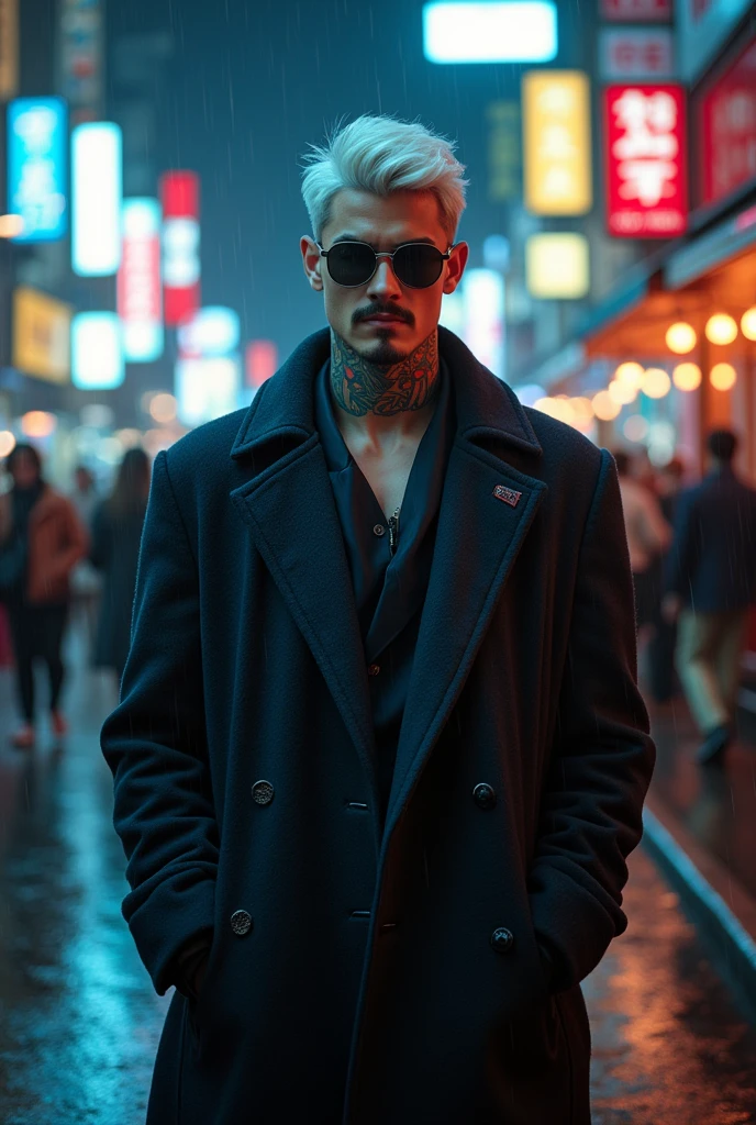 young man with an overcoat with short white hair, Yakuza tattoos, and sunglasses, with an impotent expression and a French mustache




