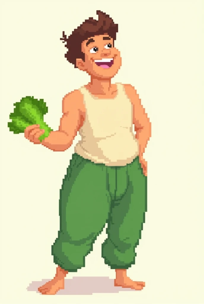 inspired by Disney 3D posters/A pixel art illustration of a man, plain shirt without collar, stuck to his pants, green in the same shade as his shirt, black boot, Grinning, holding a lettuce, no background image/Void