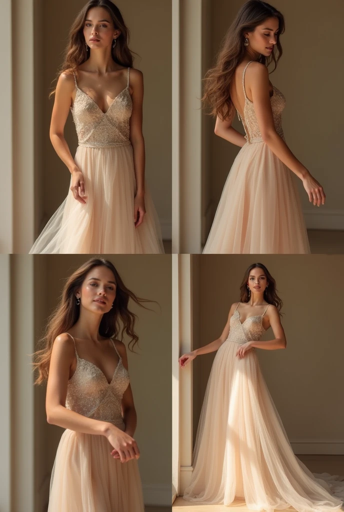 Create 4 images featuring a model wearing an outfit from the N'Lin fashion brand, with each image showcasing different poses and expressions. The model should exude elegance and sophistication, embodying the refined style of a woman aged 25-30. The background and setting should remain consistent across all images to maintain a cohesive look. Each pose should be graceful and poised, reflecting the luxurious and high-end nature of the brand. The model's expressions should range from confident to subtly playful, capturing the essence of modern, stylish femininity.