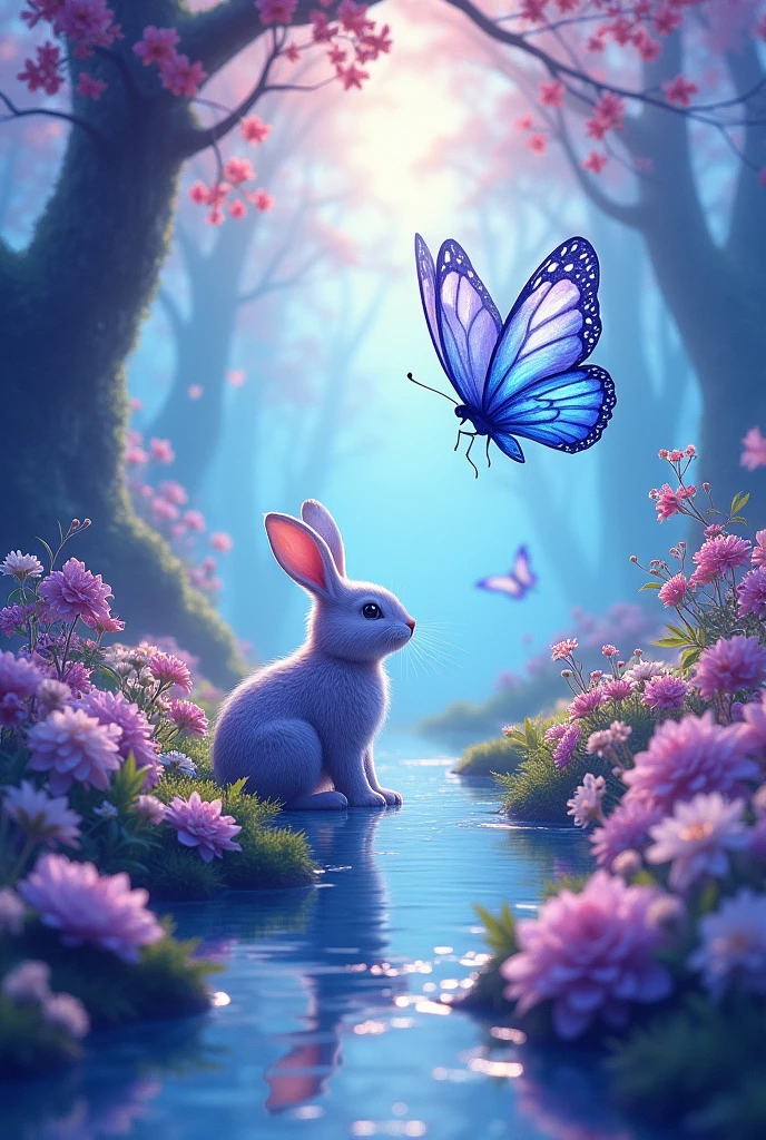 Give me a 3D image of a very beautiful watercolor navy blue butterfly that shines and glows flying in a beautiful landscape with a lot of essence and too much incomparable aesthetic brightness and that its landscape is blue aesthetic talking to a purple or lilac rabbit having adventures like going through a place of fear