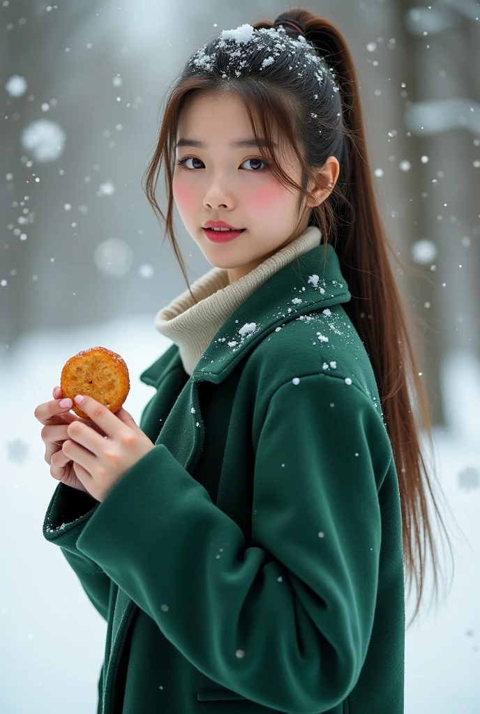 individual,young girl,23 years old, fine hair, Detailed faces, Full body,Long hair tied up,full, Short hair details,Green winter clothing, model,snack, Sexy breasts, (((naked)))