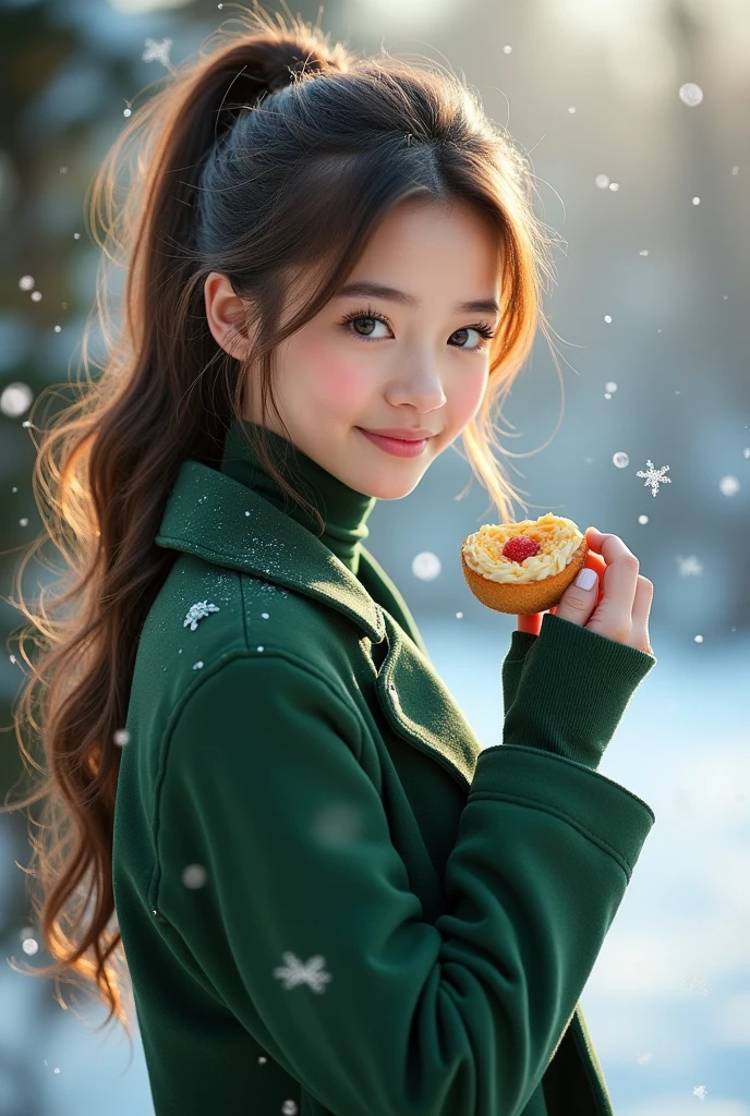 individual，young girl，23 years old, fine hair, Detailed faces, Full body，Long hair tied up，full, Short hair details，Green winter clothing, model，snack, Sexy breasts, (((naked)))